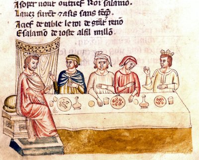 王と客の宴の場面 - 14世紀の写本「スペイン入国」(Ms.Franc.21)のミニチュア。ヴェネツィア、マルシアーナ図書館。 作： Unknown artist
