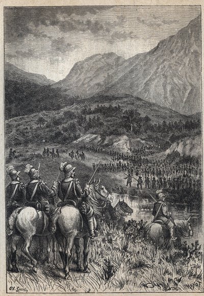 戦場-19世紀、ウォルター・スコット（1771-1832）の歴史小説「スコットランドの清教徒」（Old Mortality）の挿絵 作： Unknown artist