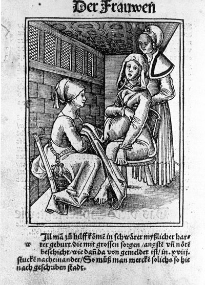 出産の様子。ハゲナウの「Der swangern frawen und hebammen Rosengarten」の後のKonrad MerkelのXylography 作： Unknown artist