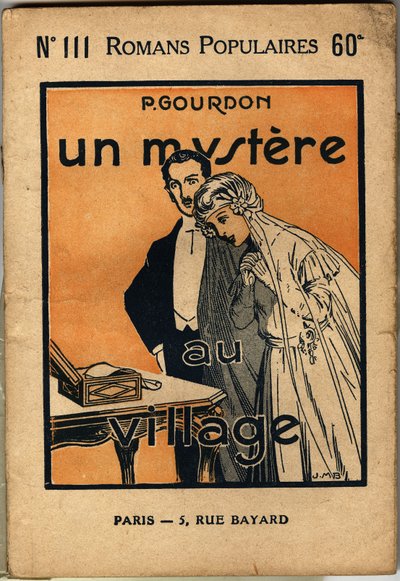 若い花嫁のカップルが手紙を発見し、妻は喜ぶが夫は大いに驚く。1923年、パリ、ボンヌ・プレス版、P. Gourdon作の人気小説 "Un mystere au village "の表紙イラスト。セルヴァ・コレクション。 作： Unknown Artist