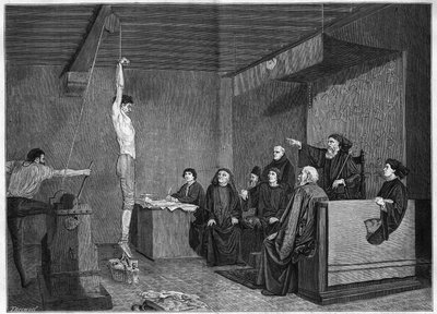 15世紀の宮廷-尋問の様子。質問者は足に重りをつけて吊るされている。1875年のサロンで発表されたアドルフ・シュタインハイル（1850-1908）の絵画に倣ったエングレーヴィング。 作： Unknown artist