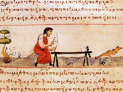 象牙を加工する職人。シリア（紀元3世紀）のオッピアン（Oppian or Oppianus）がカラカラに捧げた狩猟貿易のミニチュア「The Cynegetics」。11世紀のヴェネツィア。マルシアーナ図書館 作： Unknown artist