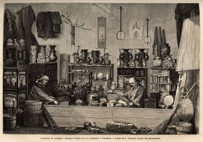 横浜での好奇心旺盛なビジネス。1863年から1864年にかけてスイス連邦公使アイム・アンベールが行った日本への航海を説明するためのエングレーヴィングで、1869年にエドゥアール・シャルトンが編集した「Le tour du monde」に掲載されています。セルバ・コレクション 作： Unknown artist