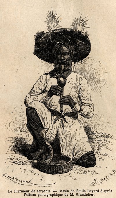 ファキール、蛇使い。アルフレッド・グランディディエが1862年から1864年に行ったインドの子午線地域の航海を説明するためのエングレーヴィングで、D