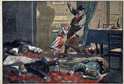 一家殺害：ベルネイ近郊のナッサンドルで起きたルブロン一家のフォーサイト・カイラードによる殺害事件。4月10日付「ル・ペレラン」に掲載されたイラスト 作： Unknown artist