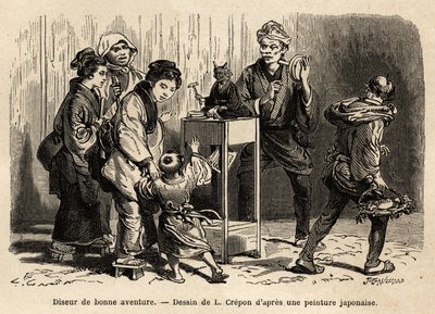 江戸の街の占い師。1863年から1864年にかけてスイス連邦公使アイム・アンベールが行った日本への旅を説明するための版画で、エドゥアール・シャルトンの指導のもと「le tour du monde」に掲載されたもの。 作： Unknown artist
