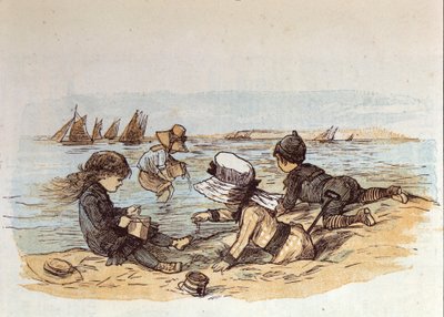 砂の上の水辺で遊ぶ子供たちのグループ。1881 作： Unknown artist
