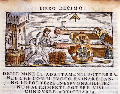砲手が銃に爆薬を装填する様子。Vannoccio Biringuccio (1480-1539) 1550年による冶金ミルキング「De la Pyrotechnia」（またはPirotechnia）からのエングレーヴィング。 作： Unknown artist