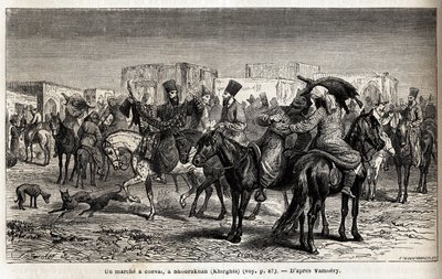 シュラクハン（キルギスまたはキルギスタン）での馬の散歩。エミール・バイヤール（1837-1891）が、1863年にアルミニウス・ヴァンベリ（ダービッシュに変装したハンガリー人科学者）が中央アジアを旅行した際に描いたもの。Edou編集の「Le tour du monde」に掲載されている図版 作： Unknown artist
