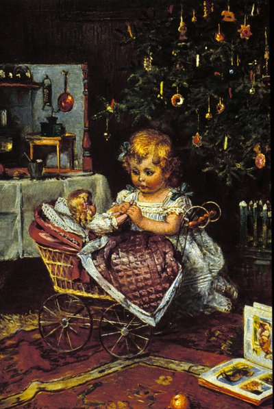 クリスマスツリーの下に人形と乳母車を発見した少女。19世紀 作： Unknown artist
