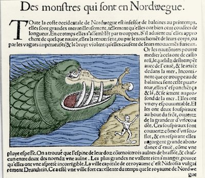 ノルウェーの海岸近くで、海の怪物が泳いでいる人を叩く。オラウス・マグヌス（1490〜1557）（スウェーデンの宗教家・地理学者）の版画「Historia de Gentis Septentrionalibus」（ヴェネツィア）。 作： Unknown artist