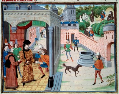 使者。Loyset Liedet（1448年から1478年の間に活躍した人物）による写本「Renaud de Montauban」または「Les quatre fils Aymon」のミニチュア。Ms.5073。15世紀 パリ、アルセナル図書館 作： Unknown artist