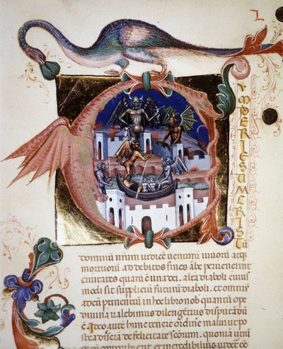 悪魔の街を表すミニチュアの「A」の文字。14世紀の聖アウグスティヌスの写本「De Civitate Dei」。リミニ市公会堂図書館 作： Unknown artist