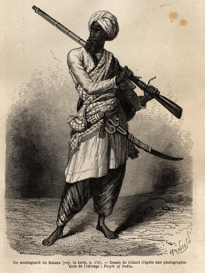 ハザラ（インド・パンジャブ州）出身の登山家。1866年、Guillaume Lejeanが描いたパンジャブとカシミールへの航海を説明するためのエングレーヴィングで、Edouard Chartonの指導の下、"Le tour du monde, nouveau journal des voyages "に掲載された。 作： Unknown artist