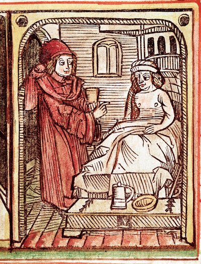 薬草を使った治療法を患者に施す医師 15世紀の「Tractatus de pestilentia」からの版画 - プラハ国立図書館 作： Unknown artist