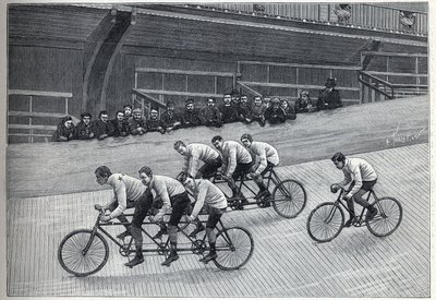 自転車競技場に設置されたトリプレットトレインに乗ったトレーナーと一緒に走る記録保持者のサイクリスト。"La Nature "のエングレービング 作： Unknown artist