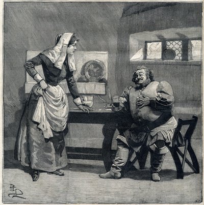 ジュゼッペ・ヴェルディのオペラ「ファルスタッフ」のワンシーンは、1893年に制作されました。"Le Parisien "に掲載された版画 作： Unknown artist