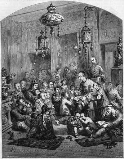 1858年の中国での学校の様子。 作： Unknown artist
