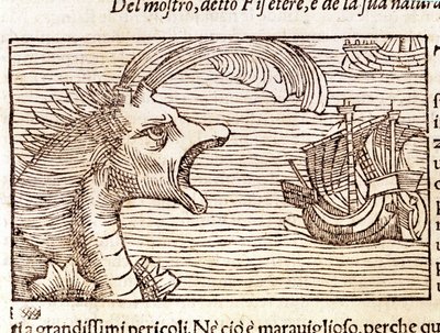 船を襲うマッコウクジラ(？)(physeter)。オラウス・マグヌス（1490〜1557）（スウェーデンの宗教家・地理学者）の版画、『Historia de Gentis Septentrionalibus』、ヴェネツィア 作： Unknown artist