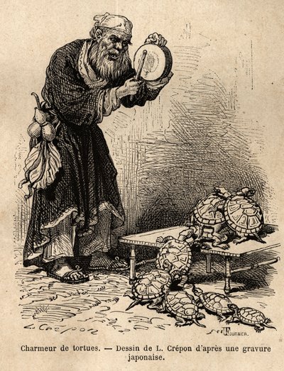 乞食と妖精のチャラ男の中間的な存在であるカメのチャラ男。1863年から1864年にかけて、スイス連邦公使のアイム・アンベールが日本への旅を説明するために描いたもので、「le tour du monde」に掲載されています。 作： Unknown artist