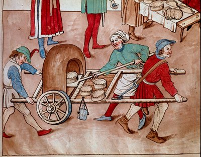 歩くパン屋さん。ウルリッヒ・リヒテンタル（1360-1437）の「コンスタンツ公会議年代記」からのミニチュア 1438年頃 プラハ、国立図書館 作： Unknown artist