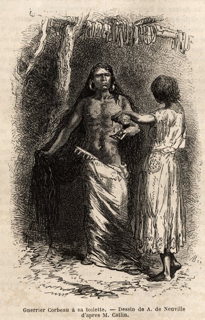 ルイス川沿いに住むクロウ・インディアン部族の戦士（カラス）がトイレをしているところ。1855年にG.カトリンがコロンビア川とミズーリ川上流域のインディアン部族の間で行った旅行を説明するために描かれたもので、"le tour du monde "に掲載されています。 作： Unknown artist