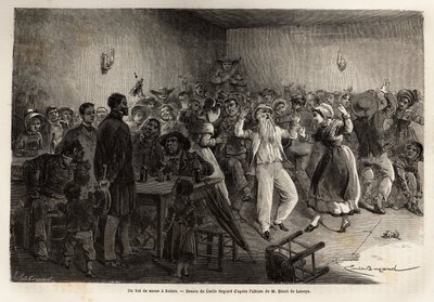 1864年にフランス中央部の火山への旅を描いたサレールの婚礼舞踏会（エドゥアール・シャルトンの指揮で出版された「Le tour du monde, nouveau journal des voyages」に掲載された版画）。 作： Unknown artist