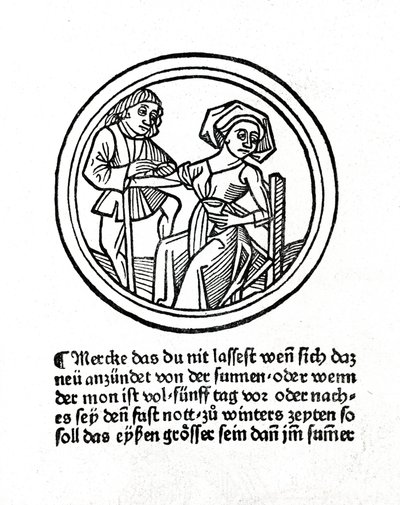女性の出血。Hyeronimus Braunschweigの "Buch de Surgery "のXylography。ストラスブール1497年 作： Unknown artist