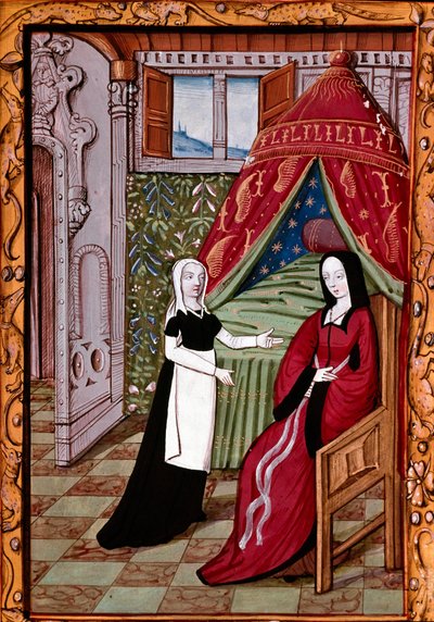 寝室でルイーズ・ラヴァル（1480年没）と思われる若い女性とその使用人のミニチュア 「Histoire de Jean III de Brush et de sa femme Louise de Laval」（ms 1475, fol 10r）より引用 作： Unknown artist