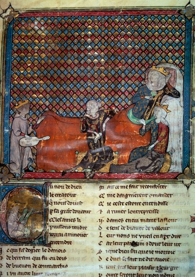 アデネット・ル・ロワ（1240年頃～1300年頃）は、マチルド・ド・ブラバン（1224年～1288年）とカスティーリャの王女ブランシュ（サン・ルイの娘）の前で、詩人でありメネストレルであり、クレオマデスの小説を朗読しています。フランスの詩集のミニチュア 作： Unknown artist