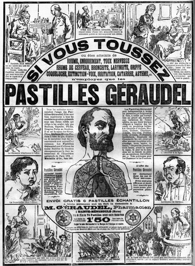 薬剤師Arthur Geraudel（1841-1906）a Sainte-Menehould（サント・メネホール）によるGeraudel錠の咳に対する広告。"Le monde illustrious "のエングレーヴィング 作： Unknown artist
