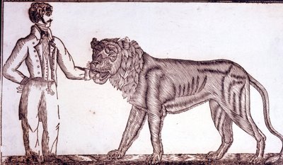 1800年に行われたサーカスの広告で、ライオンの口に手を入れるテイマーが描かれている。 作： Unknown artist