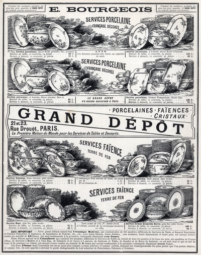 1889年の "La Ceramic Moderne By Le Grand Depot De Porcelaines, Faiences Et Verreries Bourgeois in Paris "の広告。 作： Unknown artist