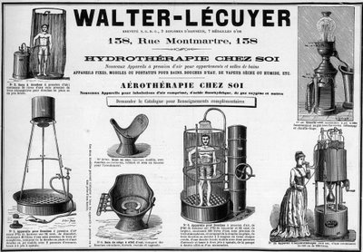 1889年の広告では、風呂用の移動式器具、水シャワー、乾式または湿式の蒸気、ビデ、ブランドはWalter-Lecuyer（ウォルター・ルクイエ）。 作： Unknown artist