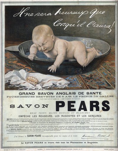 イギリスの偉大な健康石鹸「ペアーズ」の1889年の広告。お風呂に入っている赤ちゃんが泣き叫んで石鹸を捕まえようとする。 作： Unknown artist
