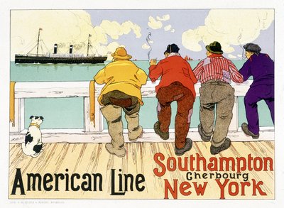 ブリュッセルの "Pictorial Placard "に掲載されたアメリカラインの広告ポスター「Southampton, Cherbourg, New York」。 作： Unknown artist