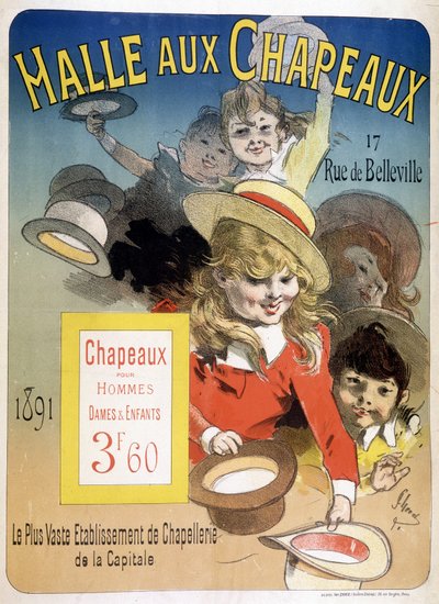 パリのベルヴィル通りにある "Halle aux hats "の広告ポスター 作： Unknown artist