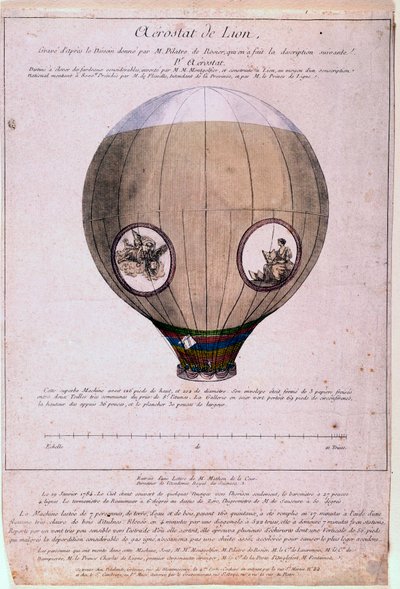 1783年頃、モンゴルフィエール兄弟（ジョセフとエティエンヌ）のモデルをもとに作られたリヨンのアエロスタット。19世紀のエングレーヴィング。パリ、B.N. 作： Unknown artist