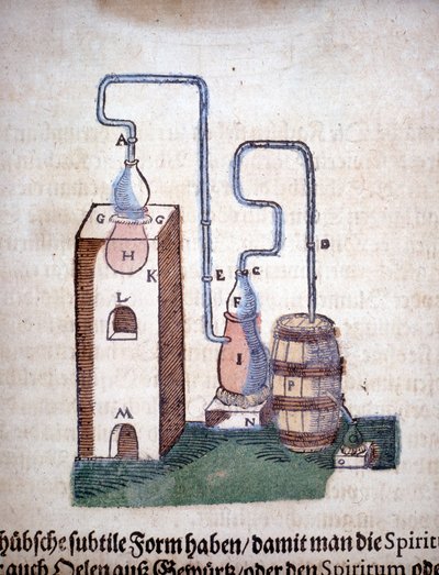 錬金術：Pietro Andrea Mattioli (Matthiole) (1500-1577)の本から引用された蒸留のための装置。フランクフルト 作： Unknown artist