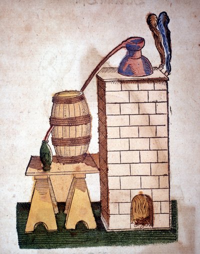 錬金術: 蒸留のための装置。Pietro Andrea Mattioli (Matthiole) (1500-1577)の本からのエングレーヴィング。フランクフルト 作： Unknown artist