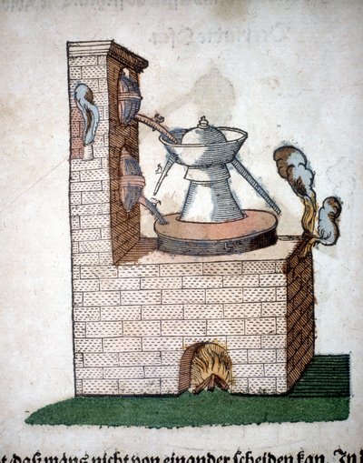 錬金術：Pietro Andrea Mattioli (Matthiole) (1500-1577)の本から抜粋した蒸留のための装置。フランクフルト 作： Unknown artist