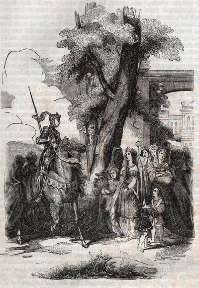 ルッジェーロを迎えに来たアルチーナとその宮廷人たち - ルドヴィコ・アリオストの詩「Orlando furioso」（1516年）から1851年に作成された版画 - トレッサン伯爵がイタリア語から翻訳し、グスタフ・ハーバード社が出版したもの。 作： Unknown artist