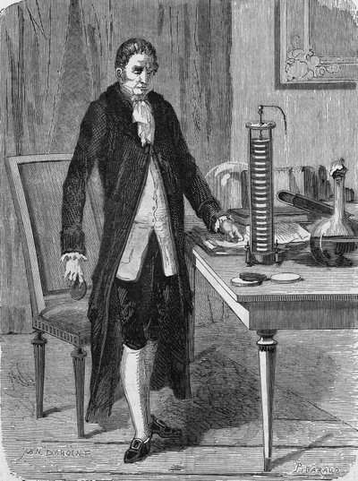 アレキサンダー（アレッサンドロ）・ボルタは、1799年12月に電気モーター（またはバッテリー）を作りました。科学のアルバム」（ジュベ社）にて 作： Unknown artist