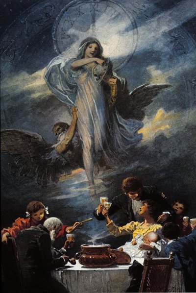 クリスマスイブと大晦日のディナーのアレゴリー。1889 作： Unknown artist