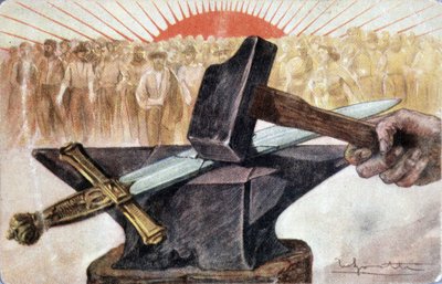 労働者のシンボル（アンビルとハンマー）を用いた社会主義の寓意。 作： Unknown artist