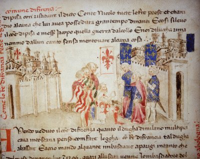 1396年のフランス王シャルル6世とフィレンツェのコミューンとの同盟-1400年頃の "Croniche del Sercambi "に記載されている。National Archive, Lucca. 作： Unknown artist