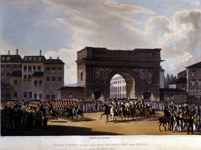 1814年3月31日にパリに入った連合国（ロシアのアレクサンダー1世、オーストリアのフランソワ1世、プロイセンのフリードリヒ・ウィリアム3世）1826年のエングレーヴィング。 作： Unknown artist