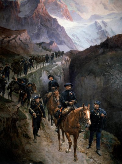 1890年のアルプスの猟師たち 匿名の絵画です。1890年 パリ、アルミー美術館 作： Unknown artist