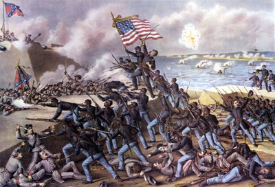 アメリカ南北戦争（1861～1865年）：1863年7月、2000人の黒人志願兵がジョージア州沖のジェキル島にあるワグナー砦を攻撃した様子。19世紀のエングレーヴィング。 作： Unknown artist