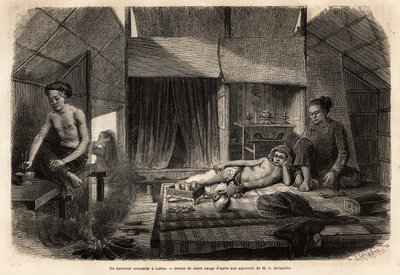 ラコン(ラオス)のアンナマイドの内装。1866年から1868年にかけてヴァイスソー中尉フランシス・ガルニエがインドシナで行った探検旅行を説明するためのエングレーヴィングで、エドゥアール・シャルトン編「Le tour du monde」1870年から1871年に掲載されている。 作： Unknown artist